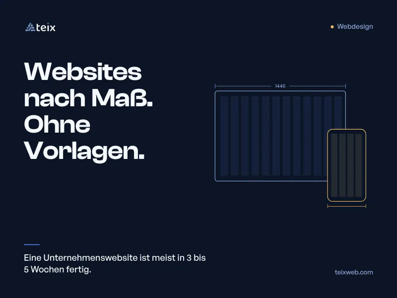 Webdesign nach Maß, ohne Vorlagen: Eine Unternehmenswebsite ist meist in 3 bis 5 Wochen fertig. Technische Zeichnung eines Desktop-Bildschirms und eines Smartphones mit Maßen.