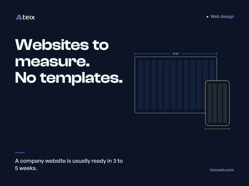 Custom web design, no templates: a company website is usually ready in 3 to 5 weeks. Technical drawing of a desktop screen and a phone with their dimensions.