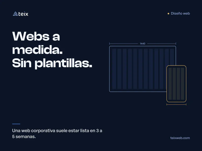 Diseño web a medida, sin plantillas: una web corporativa suele estar lista en 3 a 5 semanas. Dibujo técnico de una pantalla de escritorio y un móvil con sus medidas.