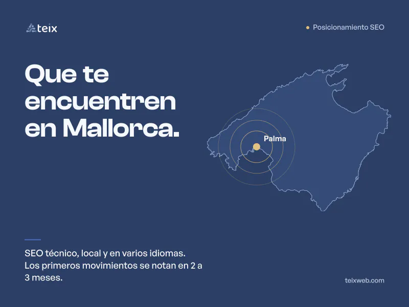 Posicionamiento SEO: que te encuentren en Mallorca. SEO técnico, local y en varios idiomas; los primeros movimientos se notan en 2 a 3 meses. Silueta de Mallorca con Palma señalada.