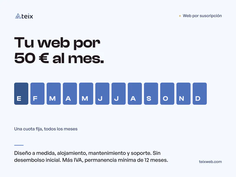 Web por suscripción: tu web por 50 € al mes más IVA, con diseño a medida, alojamiento, mantenimiento y soporte, sin desembolso inicial y con permanencia mínima de 12 meses. Doce casillas, una por mes.
